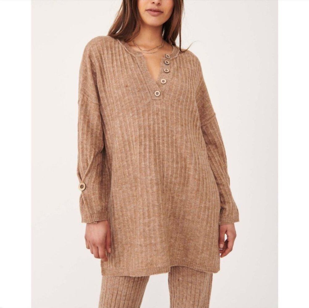 Free People Intimately Sweater Womens XS Tan Around The Clock Henley Ribbed Knit